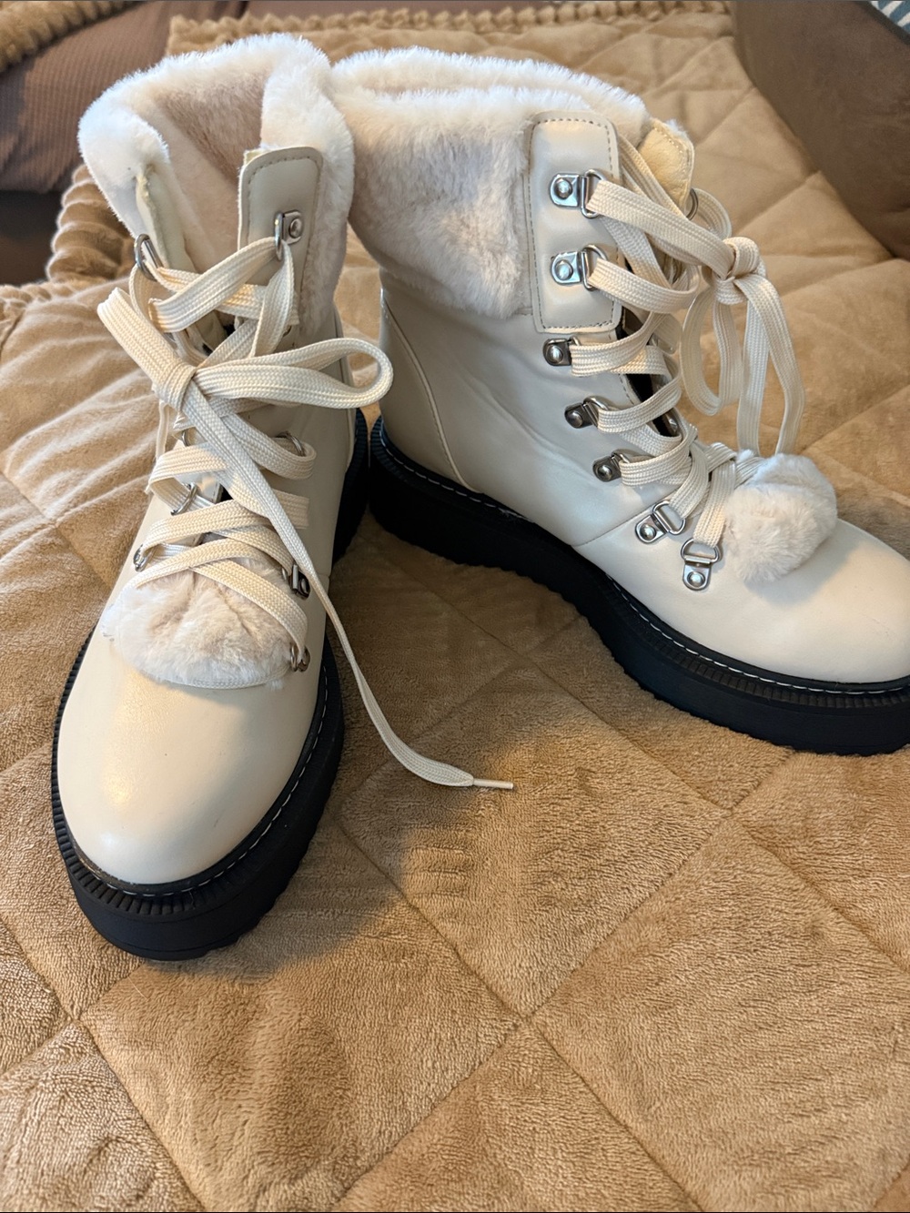 Nicole Miller Collection Cream Faux-Fur Lace-Up Winter Boots with Black Lug Sole